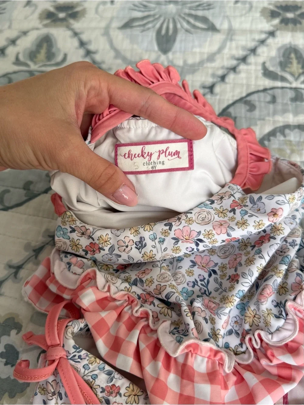 cheeky plum Girls Plaid & Floral Ruffle Bikini Set  size 6